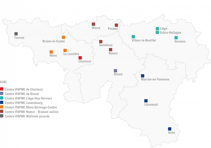 Carte de la Wallonie qui reprend et situe tous les emplacements des Centres IFAPME, classé par ASBL